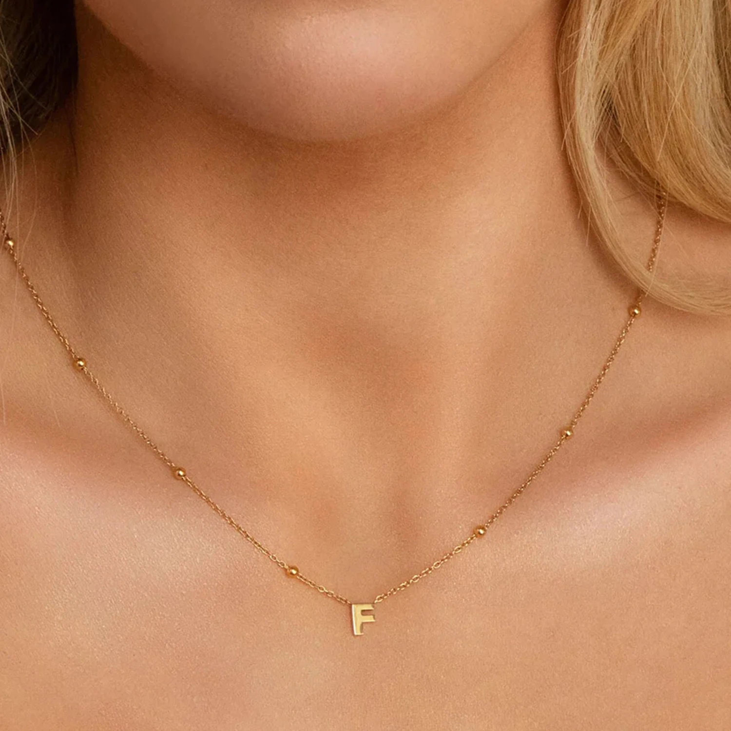 Mini Letter Sphere Chain Necklace Gold Stainless Steel Letters Chain Minimalist Initial Letter Necklace Pendant Jewelry Gift Her