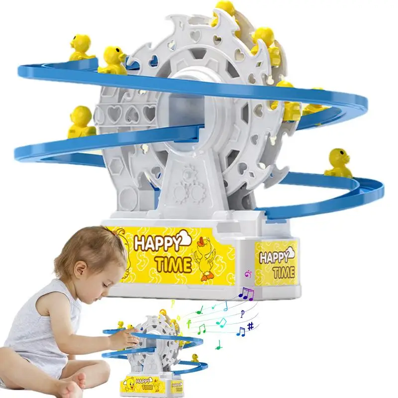 Climbing Stairs Track Toy Cartoon Little Duck Track Toy Roller Coaster Playset Slide Rollercoaster with Music Light Climbing