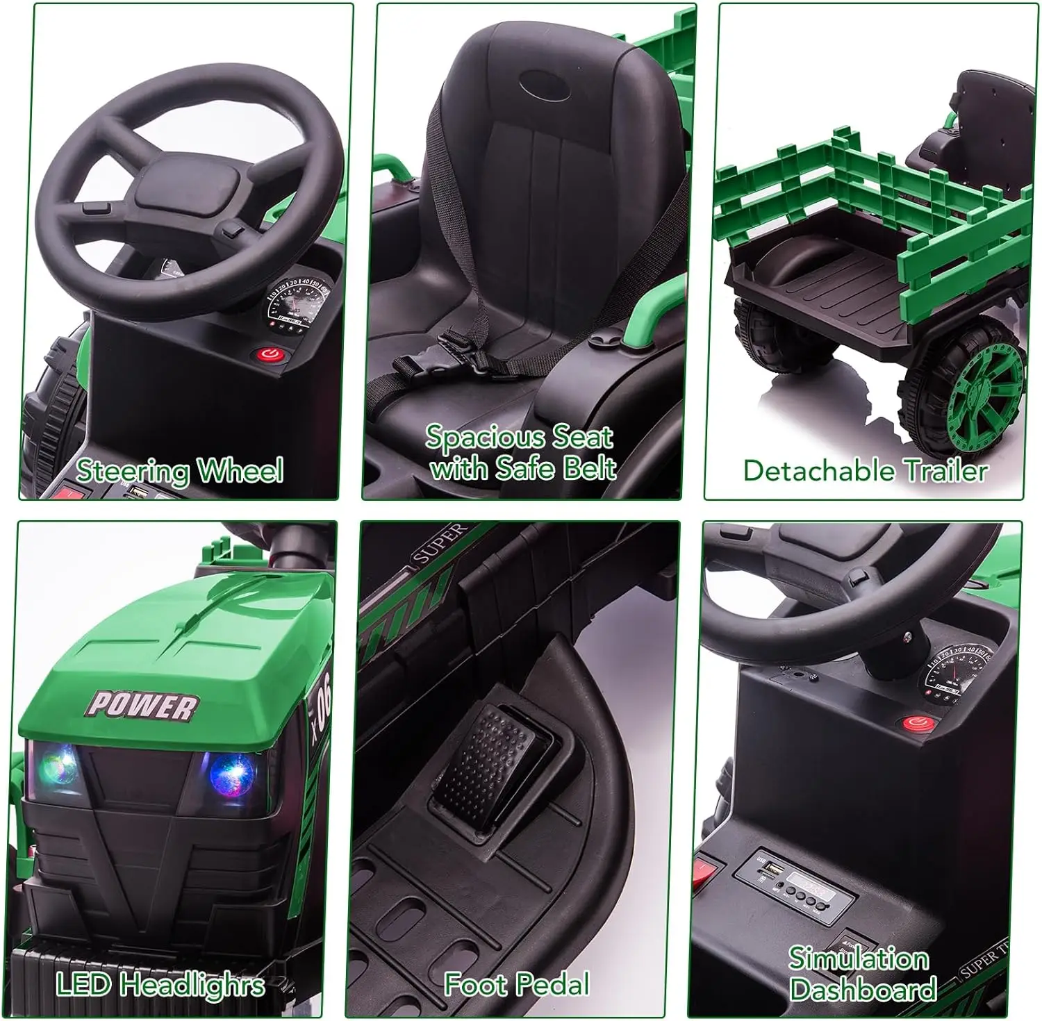 Trattore da corsa per bambini 12v con rimorchio e telecomando, veicolo giocattolo elettrico alimentato a batteria 2 velocità, luci a LED, cintura di sicurezza