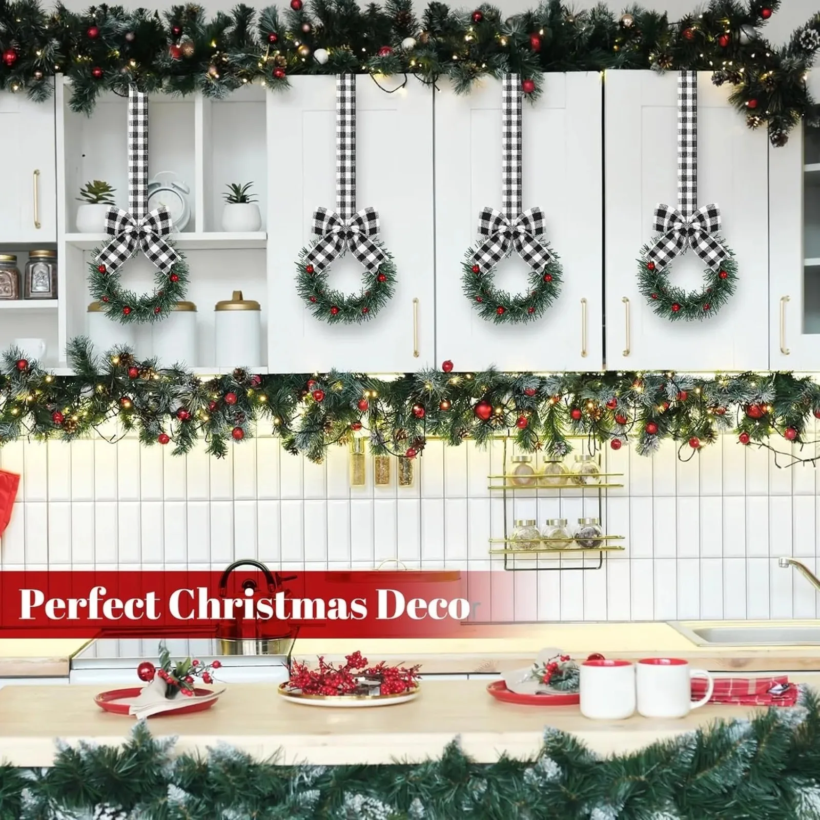 Christmas Cabinet Wreaths With Plaid Bow Ribbon Hanging Doors Wreaths Decorative For Kitchen Window Outdoor Indoor Holiday Decor