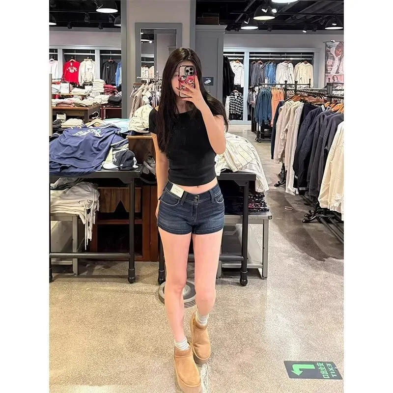 

Y2k Джинсовые мини-шорты на молнии для женщин Сексуальные короткие джинсы с низкой талией и карманами персикового цвета Женская шикарная уличная вечерняя клубная одежда для вечеринок