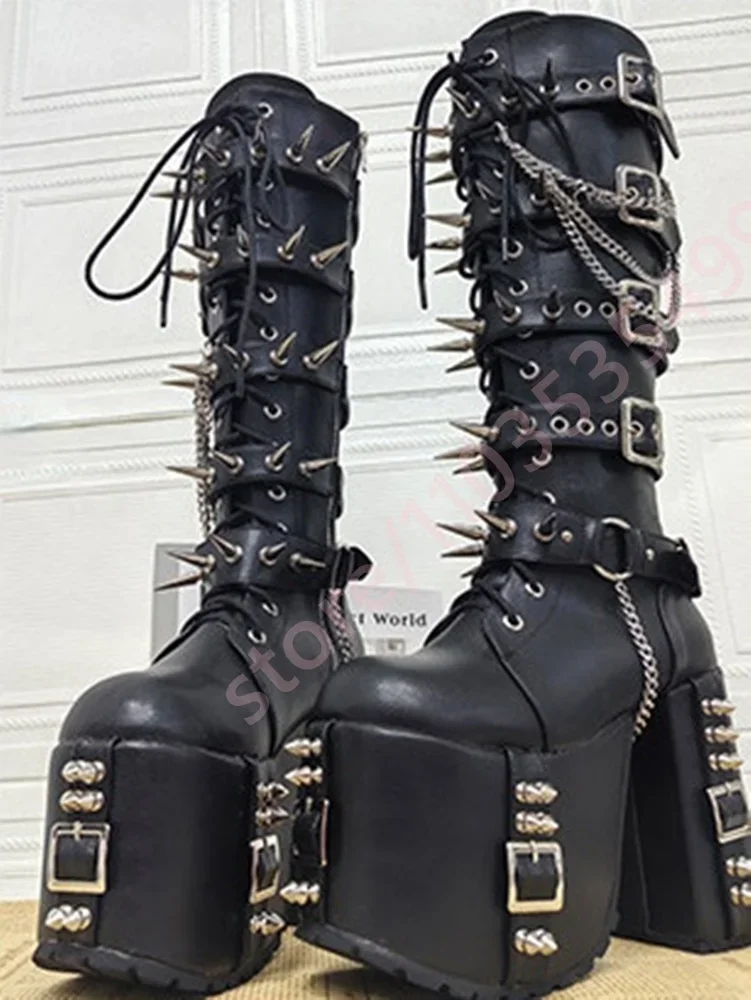 Punk-Style Platform Motorcycle Boots Studded Round Toe Lace-Up Gothic Rock Y2K Street Fashion Party Stage Boots for Women