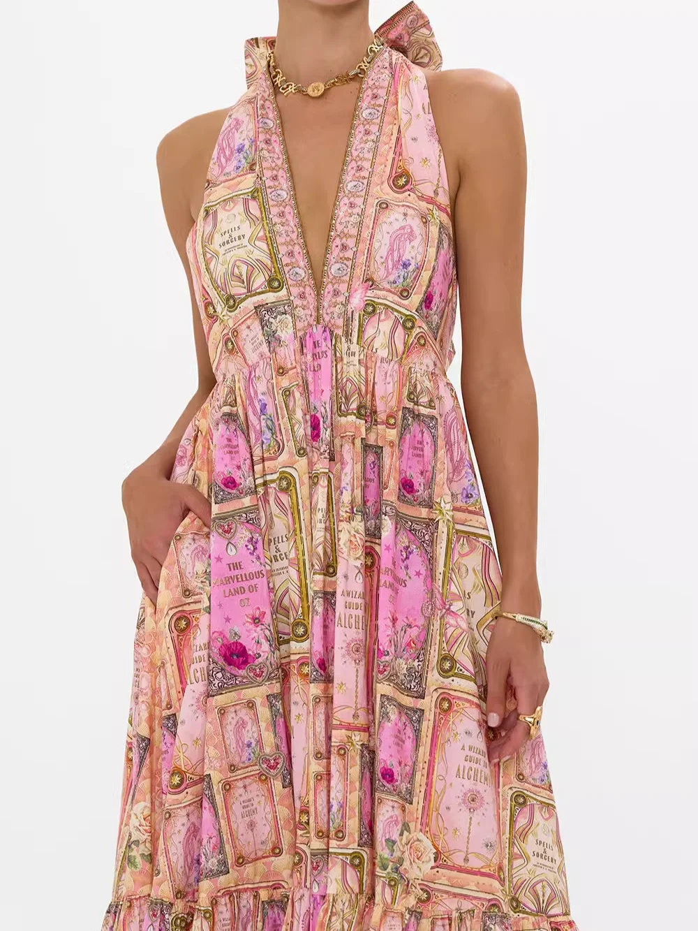 Primavera Verano 2025 vestido largo de seda para mujer decoración de lazo sin espalda estampado de flores con cuentas de cristal cuello en V sin mangas bata elegante