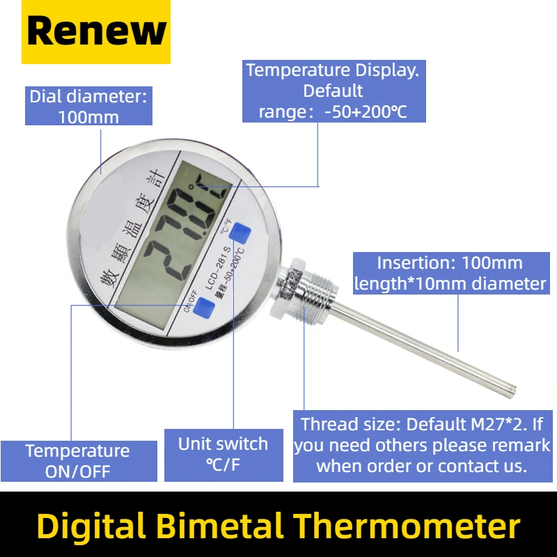 Termómetro bimetálico con puntero, acero inoxidable, diámetro axial, tubería de Caldera, pato asado, termómetro industrial