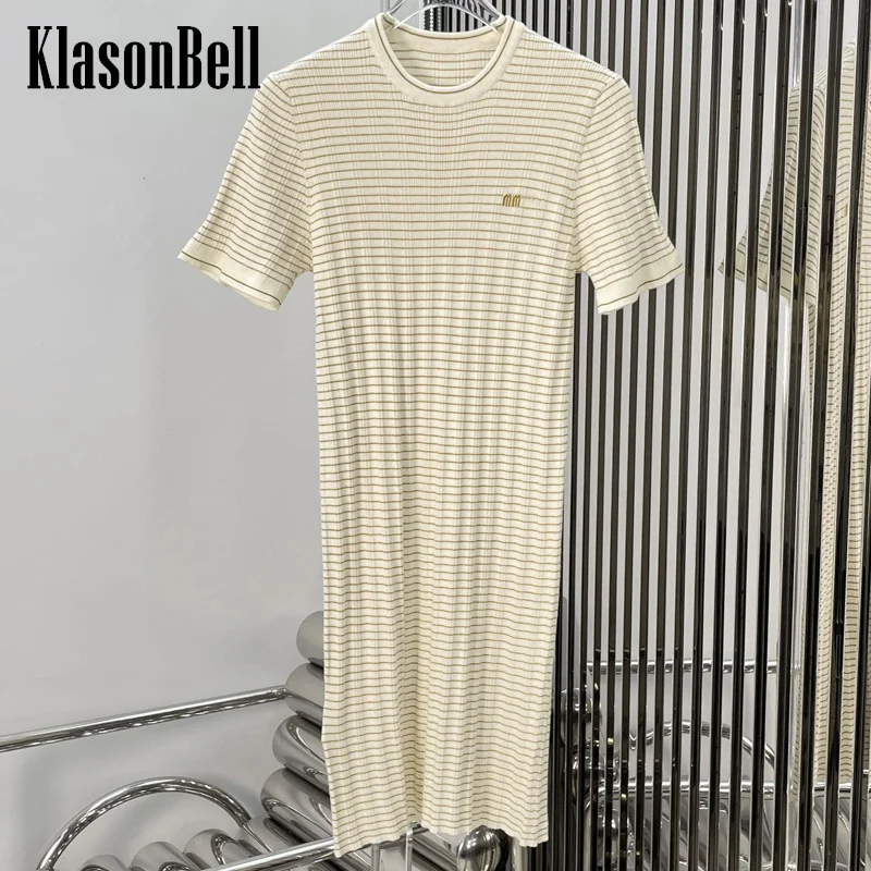 

7.5 KlasonBell Women Fashion Sweet Letter Contrast Color Striped Short Sleeve Knitted Dress Ribbed Knit O-Neck Mini Dress