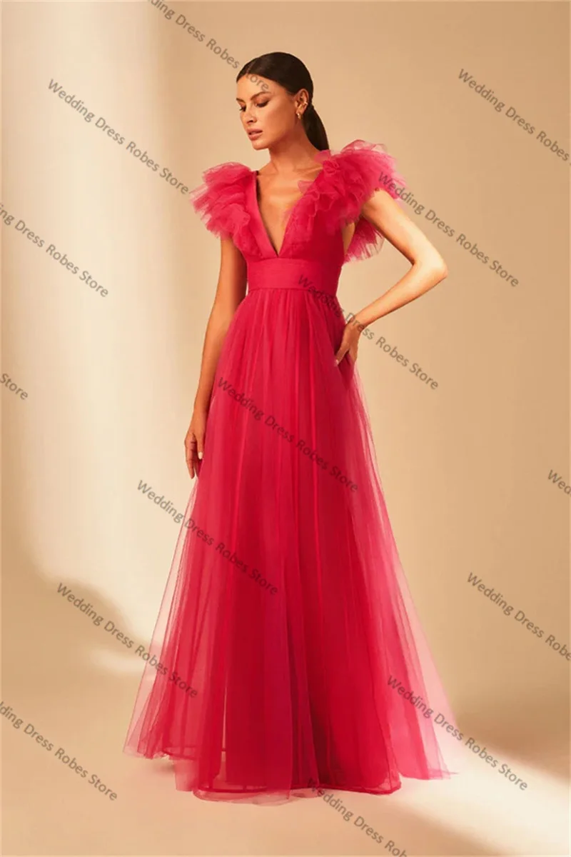 

Red A Line Prom Dresses Ruffles Tulle Robe V Neck Sleeveless Formal Wedding Party Skirt Tailored Made