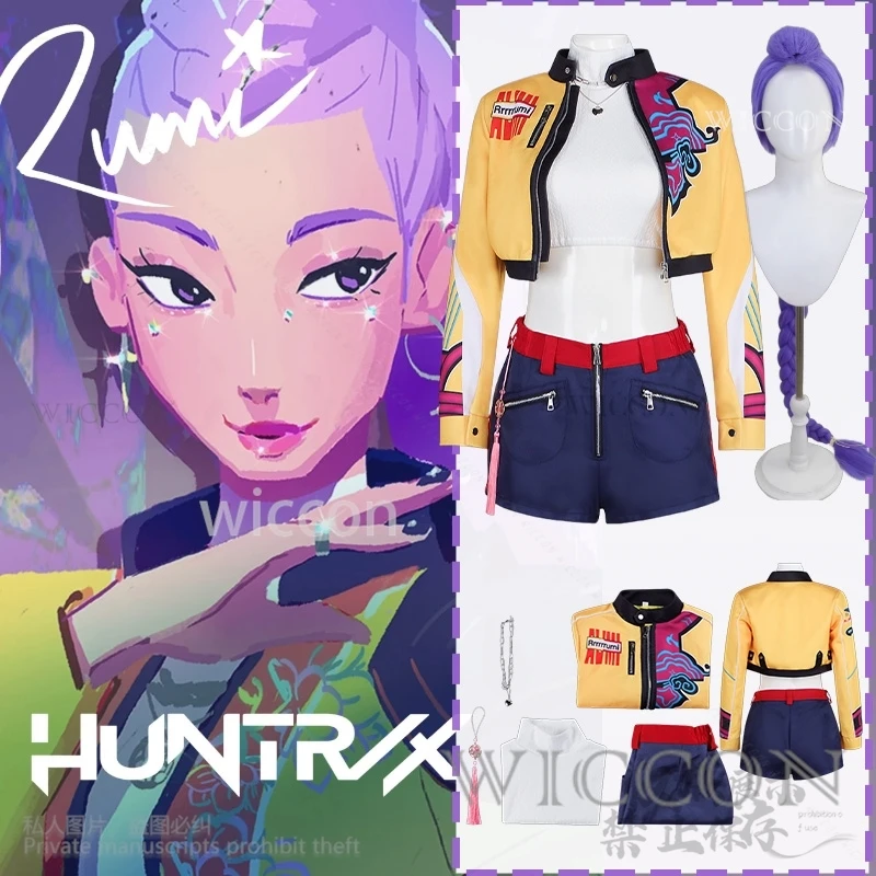 

Anime Movie Demon Kpop Girl Group Cosplay Rumi Singing Costume Yellow Punk Y2K Coat Short Pants Long Wigs Halloween Party Cos