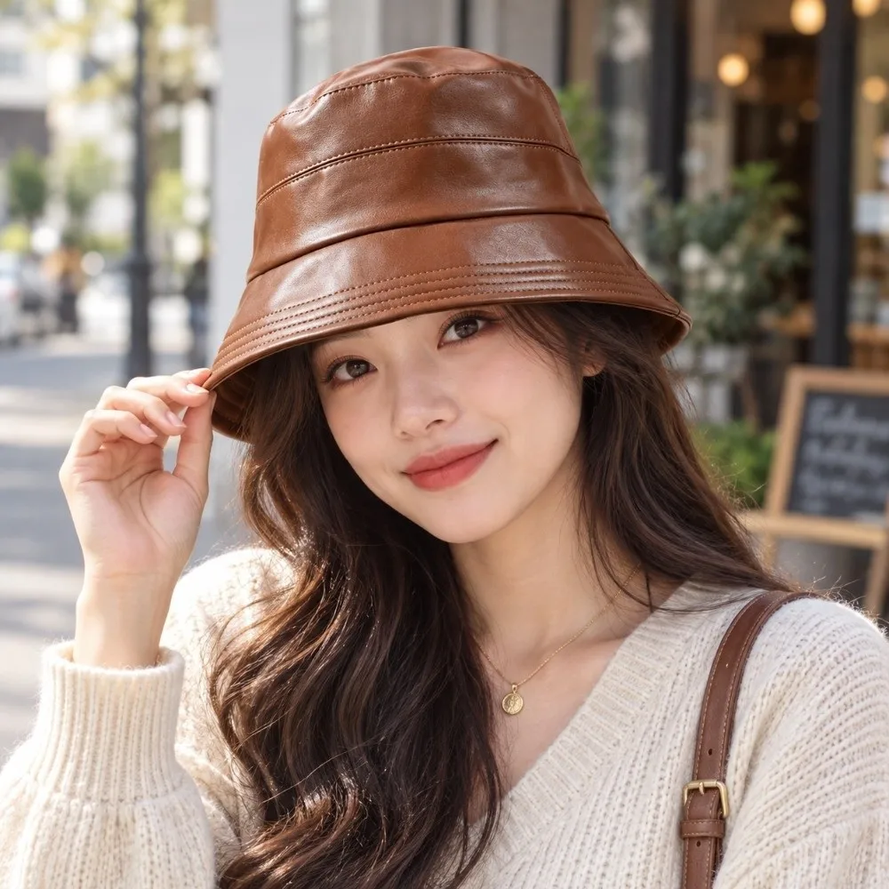 Fashion Solid Color Sun Bucket Hat Lightweight Vintage Style Wide Brim Hat Versatile Packable PU Leather Hat For Women