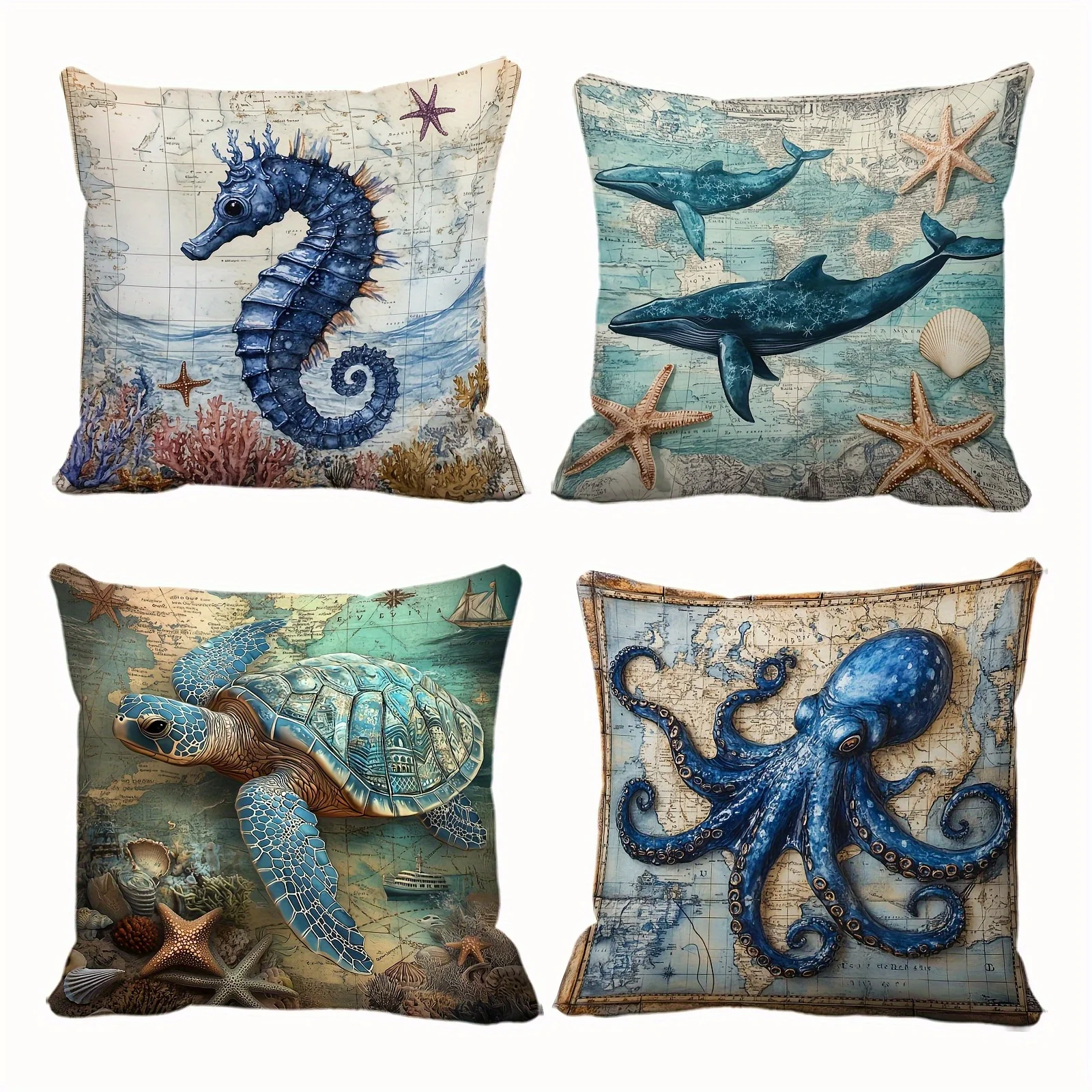 Vintage Ocean Map Marine Life Pillow Cover, Double‑Sided Print Zipper Cushion Case for Kitchen Sofa Living Room Bedroom Decor