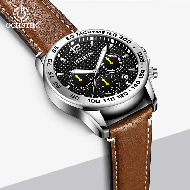 OCHSTIN Men Vintage Navigator Wristwatch Man Sturdy Alloy Shell Easy-swappable Premium Leather Band Quartz Gentleman Watches
