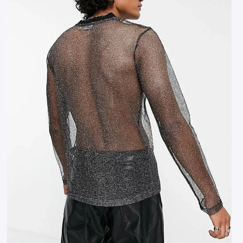 Long Sleeved Drop Shoulder Perspective Tshirt for Men Sexy Nightclub Wear Shiny and Breathable Mesh Shirt Mens Performance Wear