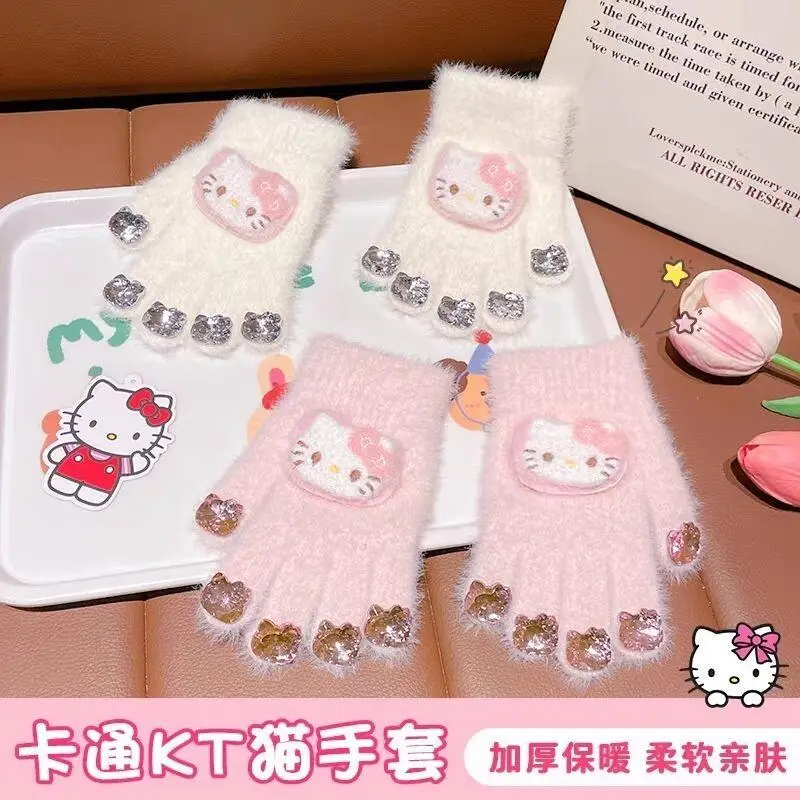Детские перчатки Hello Kitty Sanrio, милые плюшевые теплые зимние перчатки Kt с бриллиантовыми украшениями, зимние подарки для детей