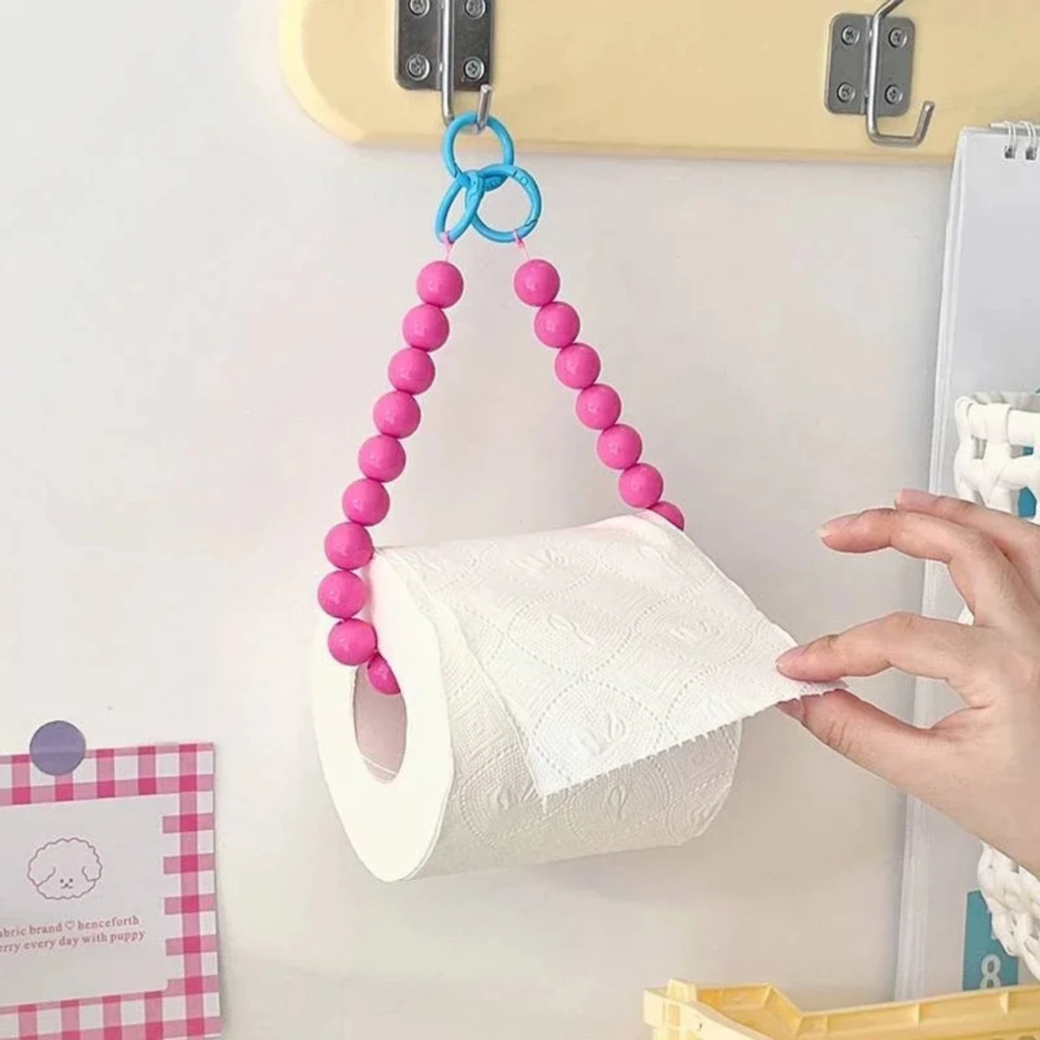 Elegant Pink Hanging Beaded Tissue Holder for Toilet Paper with Phone Chain - Bathroom Organizer and Decoration Accessories