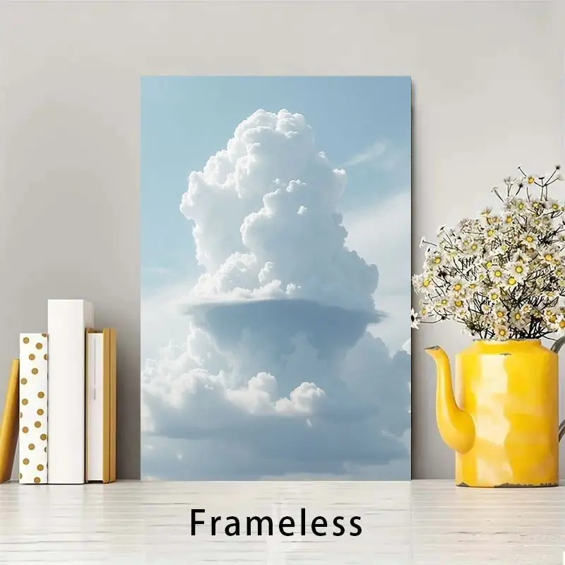 Canvas Painting Frameless Cloudscape Canvas Wall Art - Serene Blue Sky & Puffy Clouds Print, Modern Minimalist Aesthetic, Hig