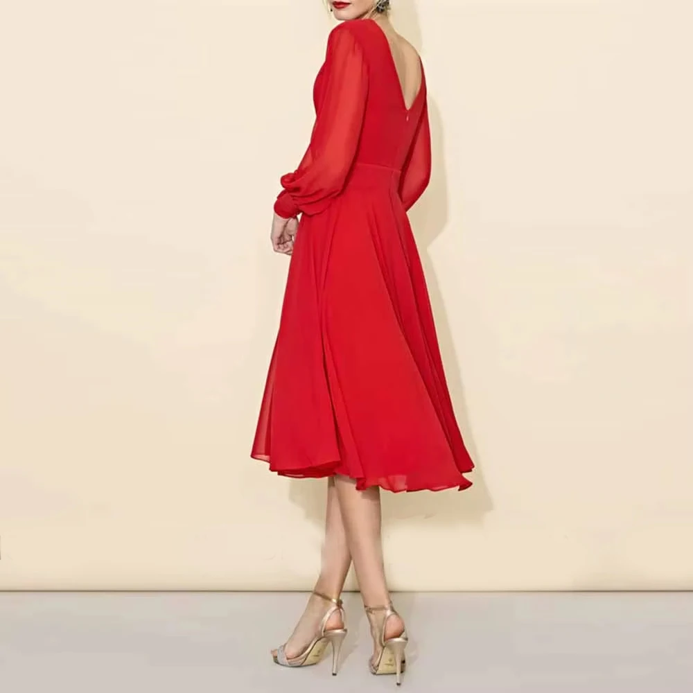 Customized Elegant Women's Cocktail Party Gowns Chiffon A-line V-neck Zipper Backless Ruched Buttons Wedding Party Dresses