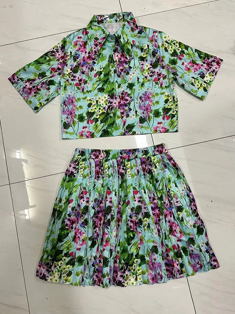 

Retro geometric print lapel straight tube shirt two-piece set for summer 2025 women's clothing+elastic waist pleated skirt set