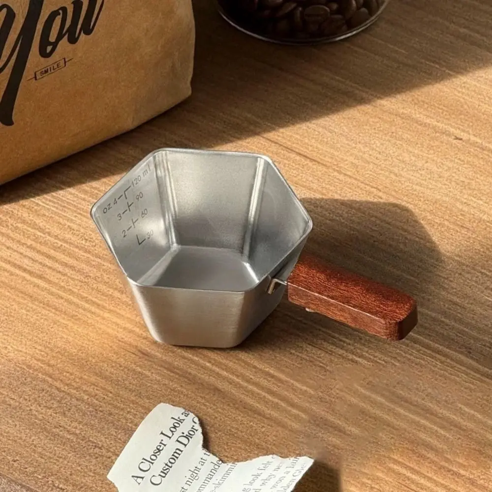 Professional Hexagonal Coffee Espresso Cup Stainless Steel Wooden Handle Coffee Extract Cup 120 ML Durable Small Milk Cup Home