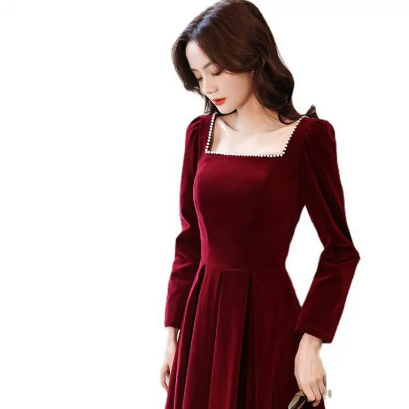 2022 New Chiense Prom Dress Burgundy Cheongsam Velvet Dresses Sexy Gown Princess Evening Party Velour Qipao Pleated Vestidos