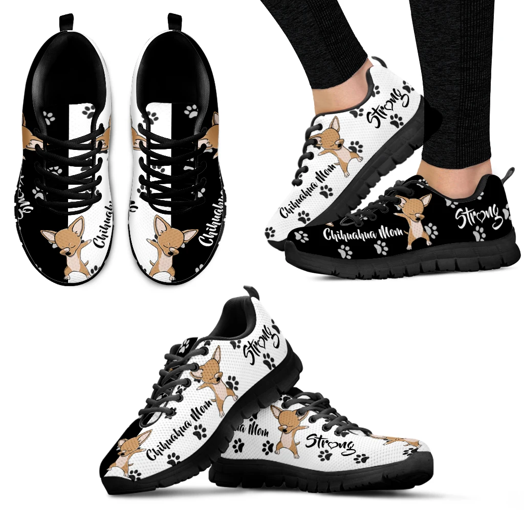 

INSTANTARTS Chihuahua Design Brand Lace-up Shoes Black And White Dog Paw Print Sneakers Pet Dog Gift Zapatos Planos De Mujer