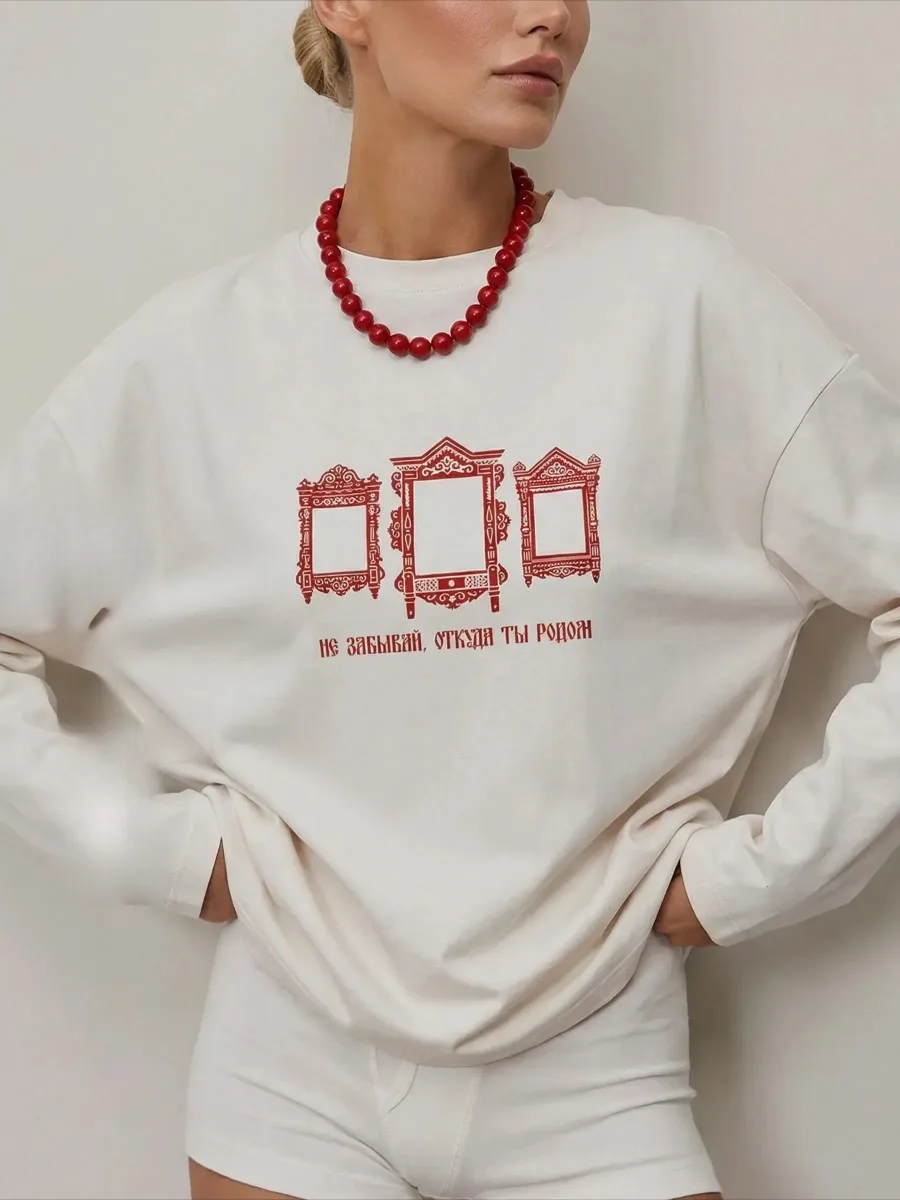 Autumn Women's Cotton Casual Long Sleeve T‑Shirt Ethnic Red Frame Ornament Graphic Print Loose Top Vintage Ladies Basic Tee