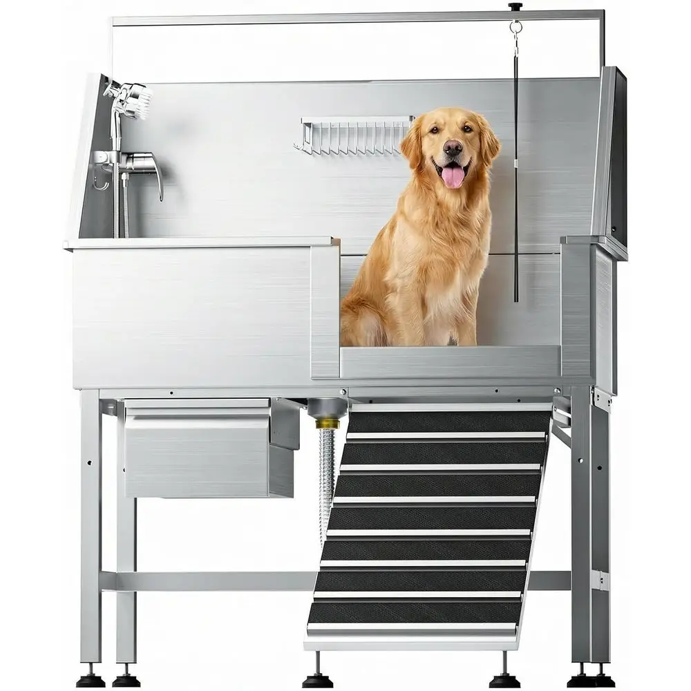 

46 Stainless Steel Dog Washing Station with Removable Pan, Storage Shelf, Adjustable Shower & Drain Kit, Non-Slip Grooming Area