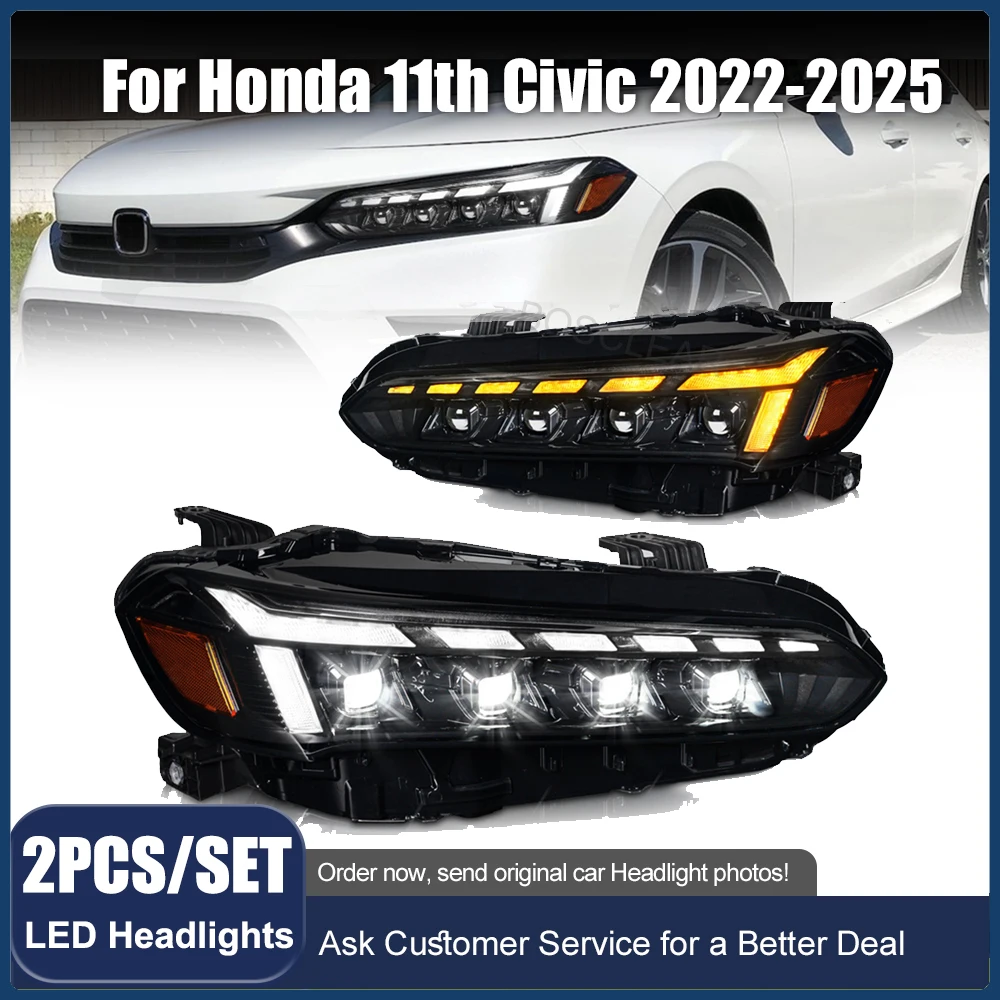 

Car Lights LED Headlight Assembly for Honda Civic 11th Gen 2022 2023 2024 2025 Start-up Dynamic Turn Signal 4-Lens Head Lamps