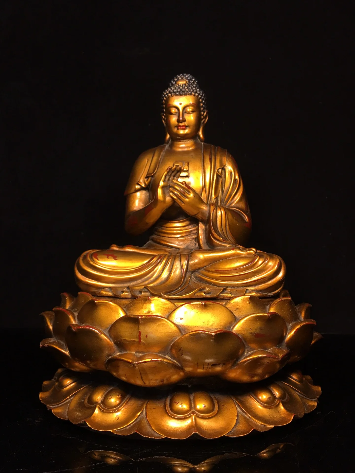 

13"Tibetan Temple Collection Old Bronze Gilded Parinirvana Buddha Shakyamuni Sitting Buddha Lotus Terrace Worship Hall