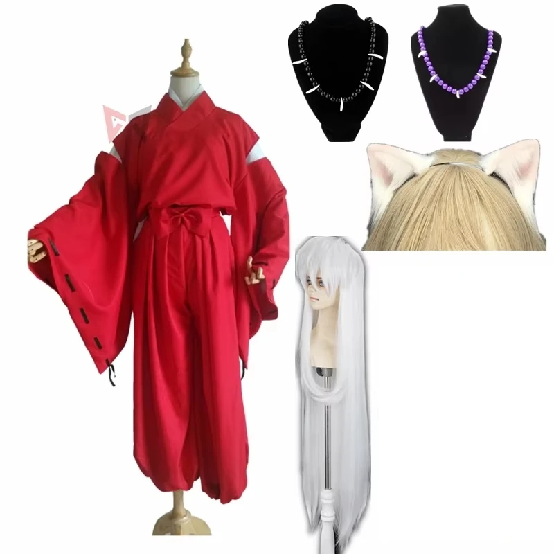 New Anime Red Cosplay Costume Carnival Halloween Arthur Curry Fancy Red Kimono Ears Headwear Wig Necklace Custom Made