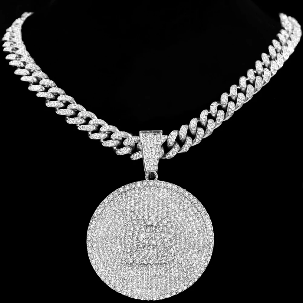 New Crystal Round Initials Necklace 13MM Miami Cuban Link Chain for Women Men Bling A-Z Letters Pendant Necklace Fashion Jewelry
