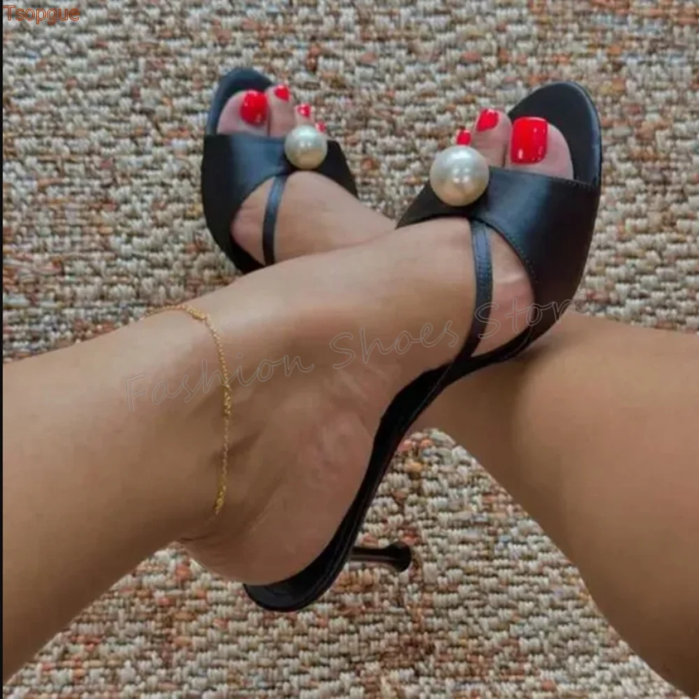 

Black Pearl Decor Open Toe Slippers Matte Leather Thin High Heels High Heel Shoes for Women Heels Shoes 2025 Zapatos Para Mujere