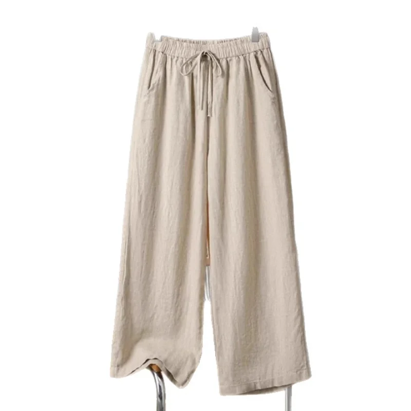 New Elastic Casual Solid Color Cotton Linen Trousers Wide-leg Pants