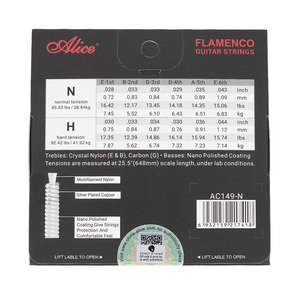 Alice AC149 Flamenco Guitar Strings Crystal Nylon & Carbon Sliver Plated Copper Winding Nano Polished Coating