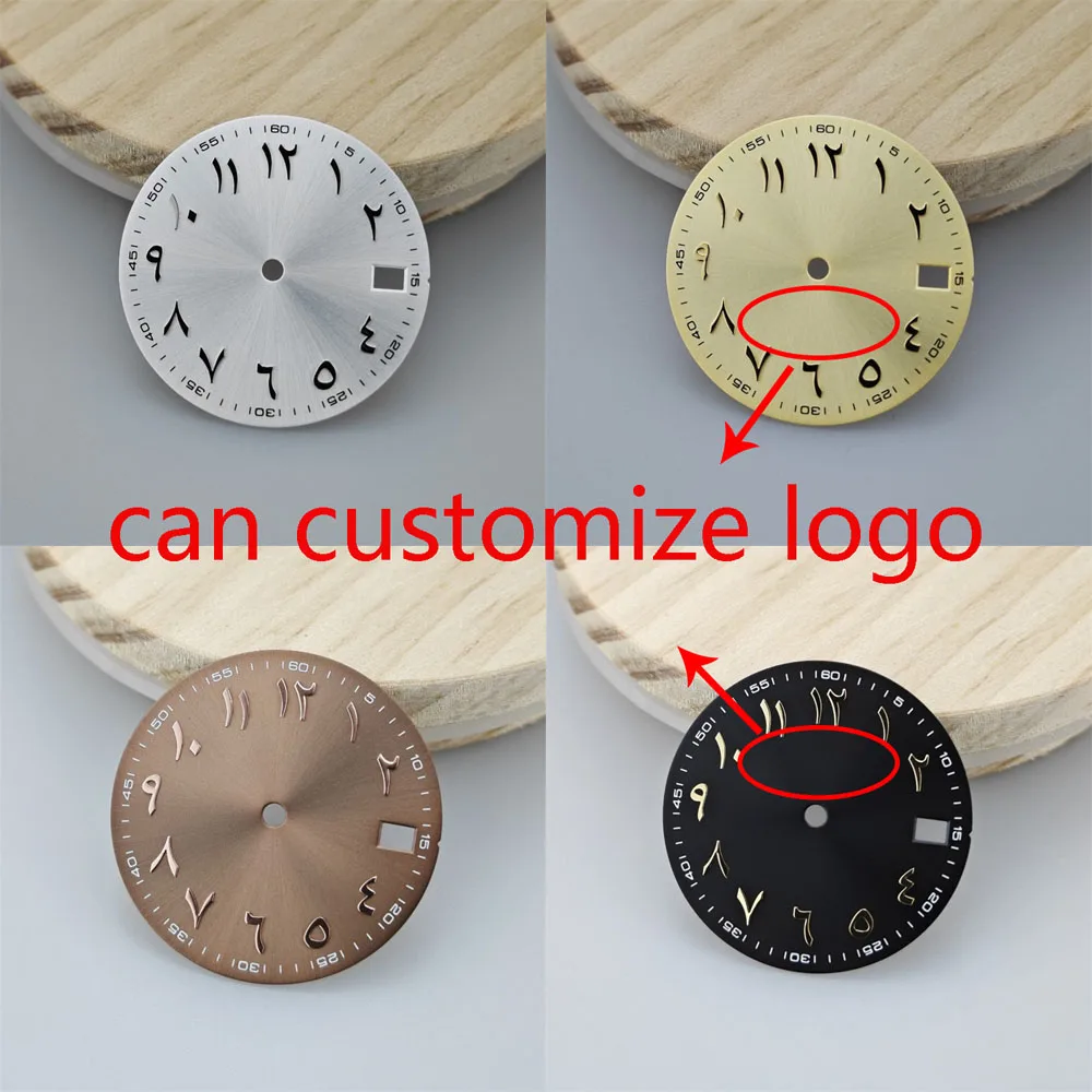 28.5mm NH35 다이얼 올리브 그린 핑크 스테인레스 스틸 아랍어 스케일 다이얼 NH35 자동 무브먼트 watchmods 로고를 사용자 정의 할 수 있습니다