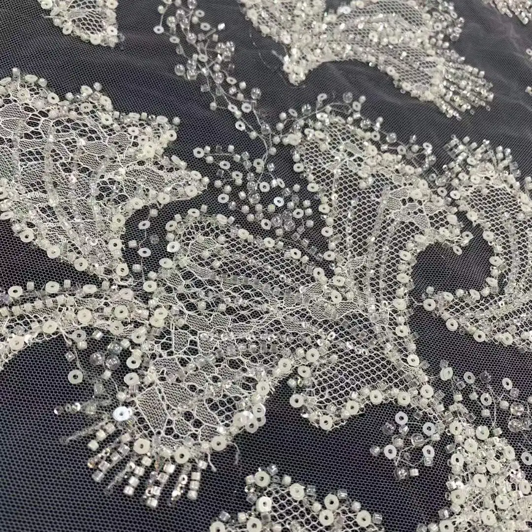 Pretty Weddings Design Crystal Sequins Beads Matching Lace Embroidery French Tulle Net African Lace Fabric For Evening Dresses