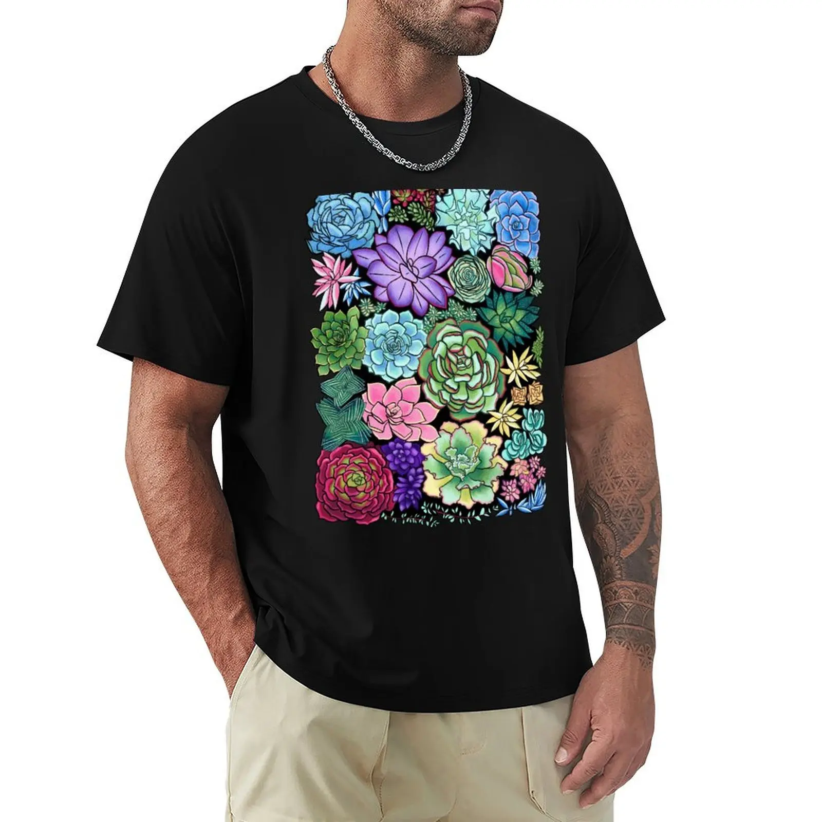 Showy Succulent Plant Pattern T-Shirt Large Size Short Sleeve T-Shirt