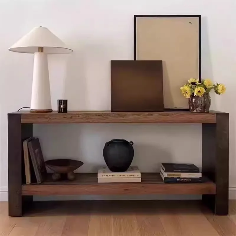 

Entrance desk Entrance table Wabi-sabi wind retro solid wood strip case aisle corridor end view platform