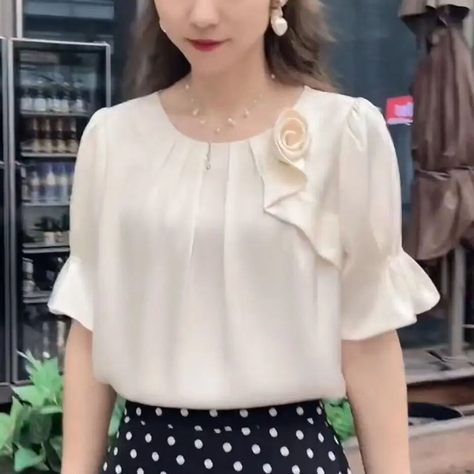 Summer Korean Elegant Female Solid Color Folds Spliced Blouse Fashion All-match Round Neck Short Sleeve Shirt Women\'s Clothing