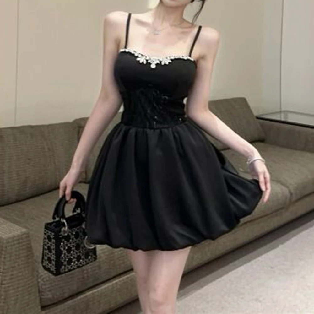 daughter celebrity heavy industry nail drill suspender dress women's summer slim waist A word princess bud short skirt