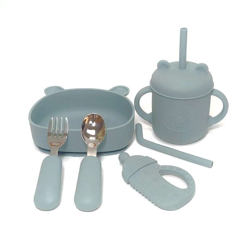 

Детская посуда, дополнительная чаша, чаша на присоске, силиконовая обеденная тарелка, вилка и ложка из нержавеющей стали, устойчивая к падениям