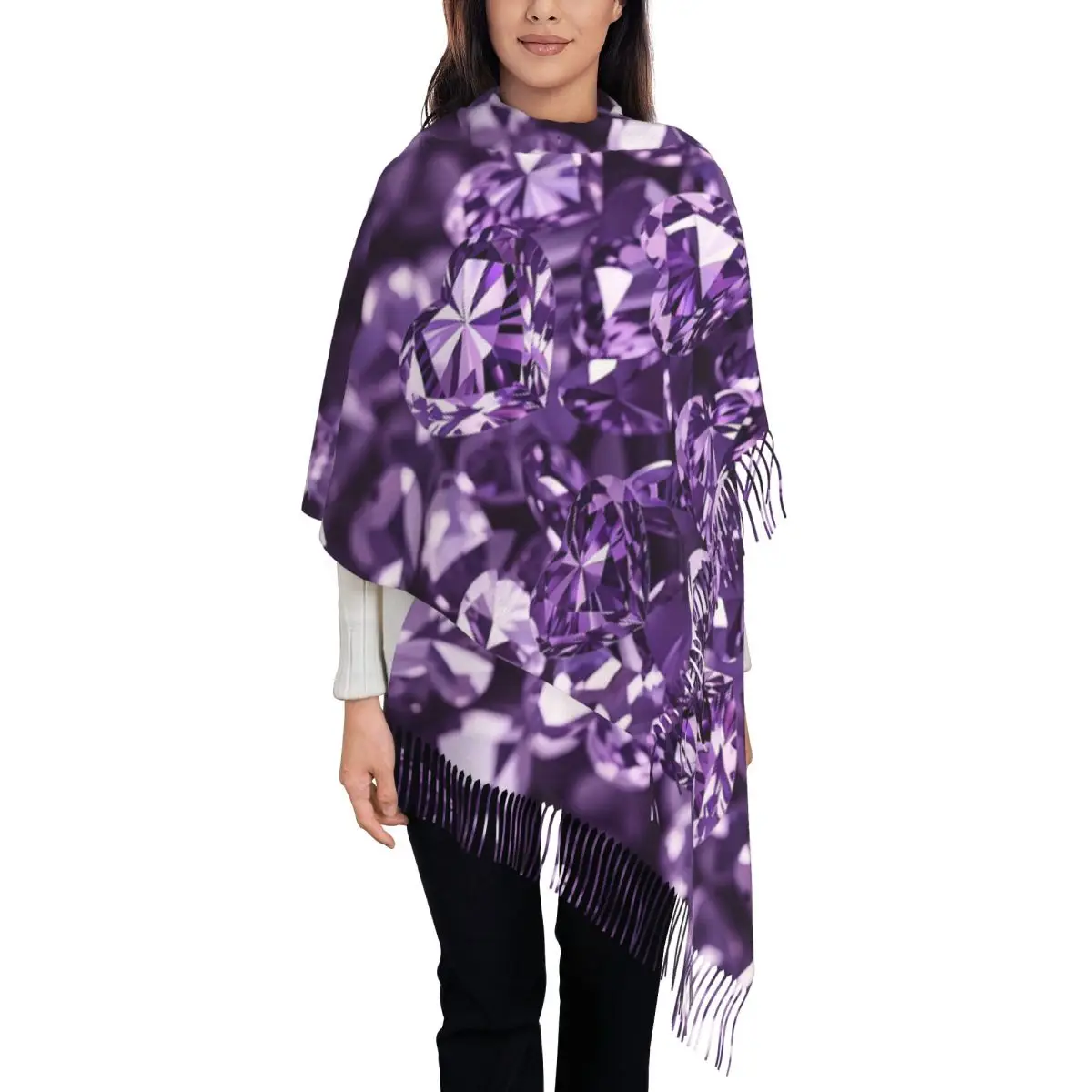 Purple Heart Shaped Diamond Scarf Wrap for Women Long Winter Fall Warm Tassel Shawl Unisex Scarves