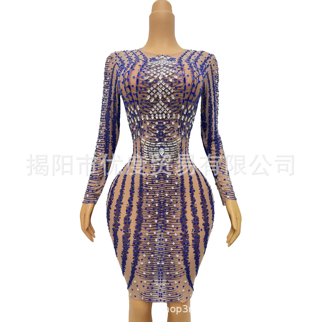 Crew Neck Slim Fit Rhinestone Dress Bar Banquet Birthday Party Night Performance Short Skirt Magic Blue vestidos elegantes mujer