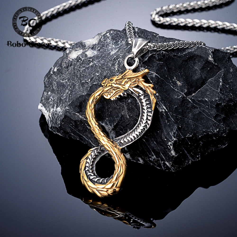 Punk Norse Viking Dragon Necklaces Men Gold Color Stainless Steel Infinity Symbol Pendant Vintage Ouroboros Amulet Jewelry Gifts