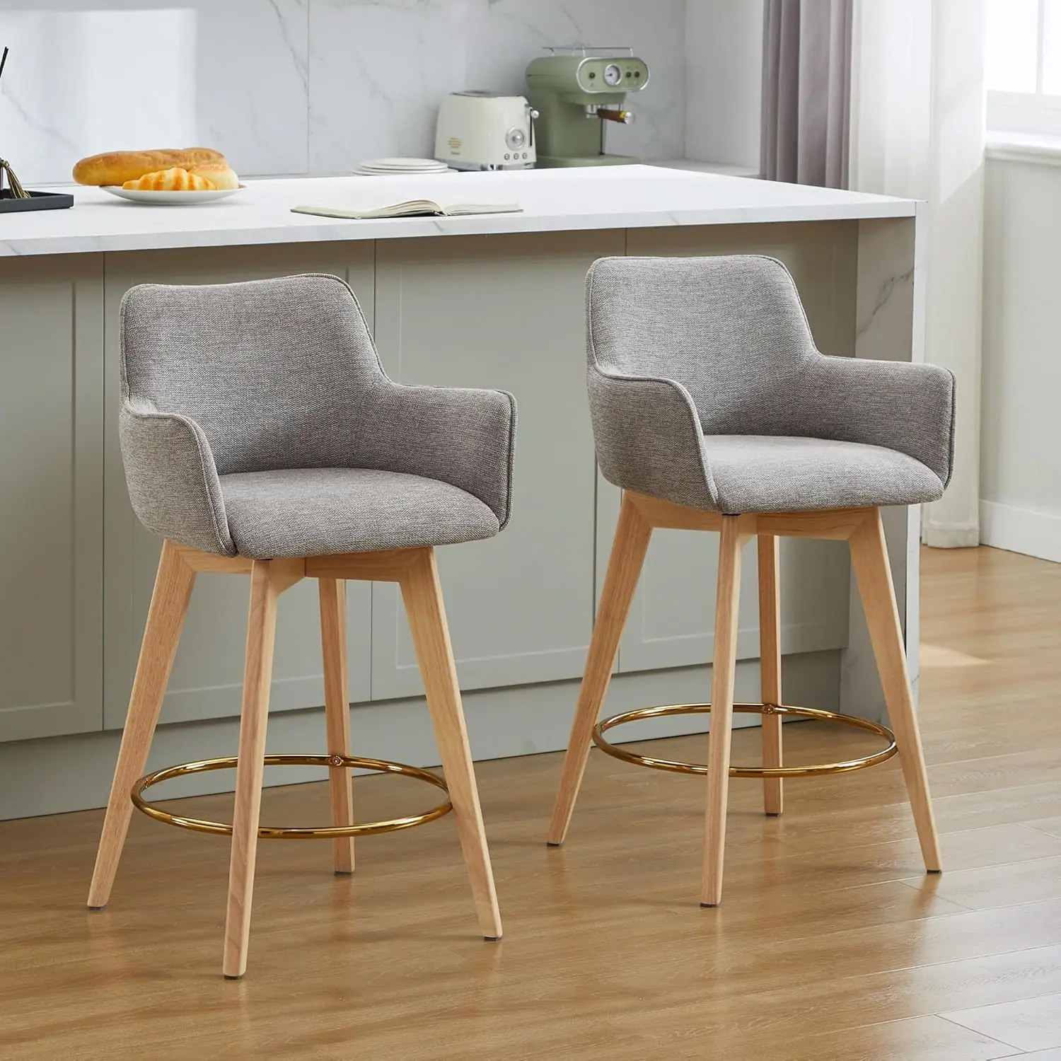 

Modern 26" Bar Stools Counter Height Set of 2, Swivel Kitchen Island Tall Chairs with Back, Arm, Footrest and Solid Wood Leg, L