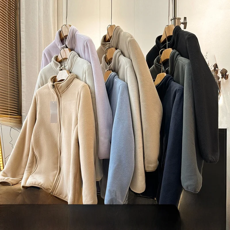 

Outdoor Faionable Fce Lined Stand Collar Jaet ex Warm Polyester Fiber Long Sve Zipper Closure Coat for Autumn W...