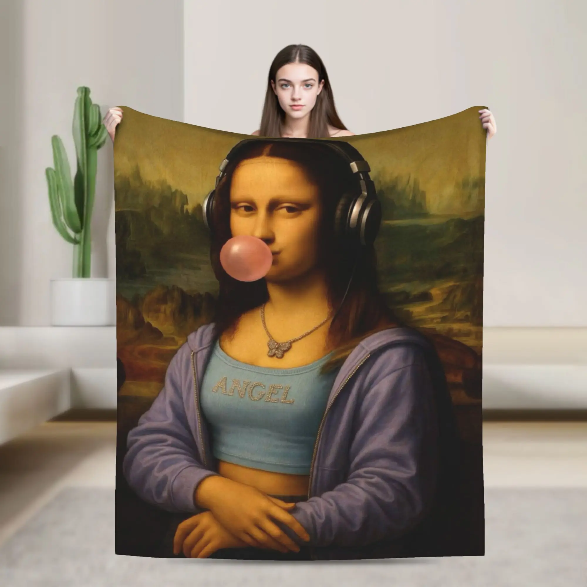 Funny Bubblegum DJ Mona Lisa Blanket Quality Warm Cozy  Throw Blanket Winter Travel Home Decor Trend Bedspread