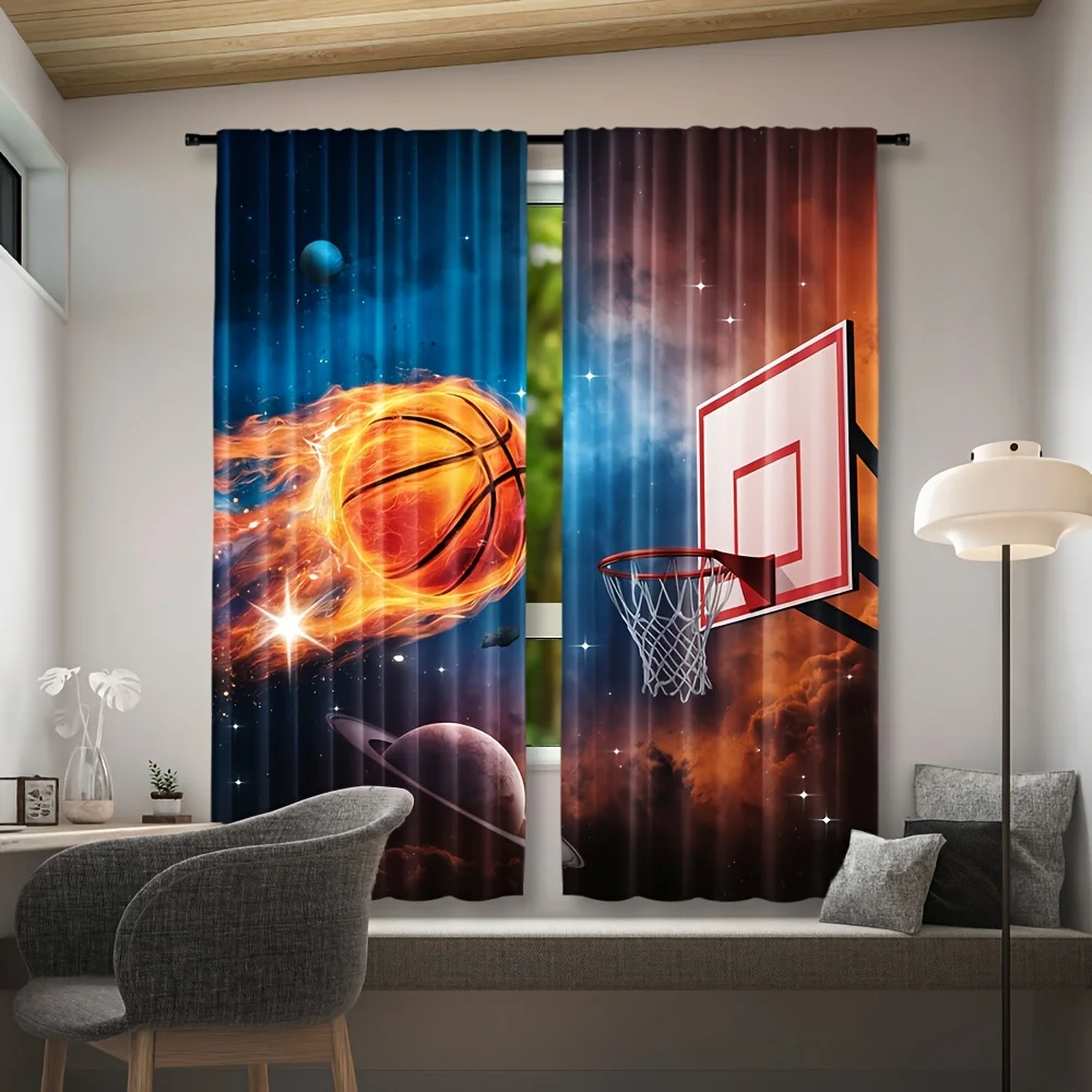 Basketball Space Galaxy Print Curtain, Sports Hoop Planet Pattern Drape for Boys Bedroom Kids Room Window Treatment Decor