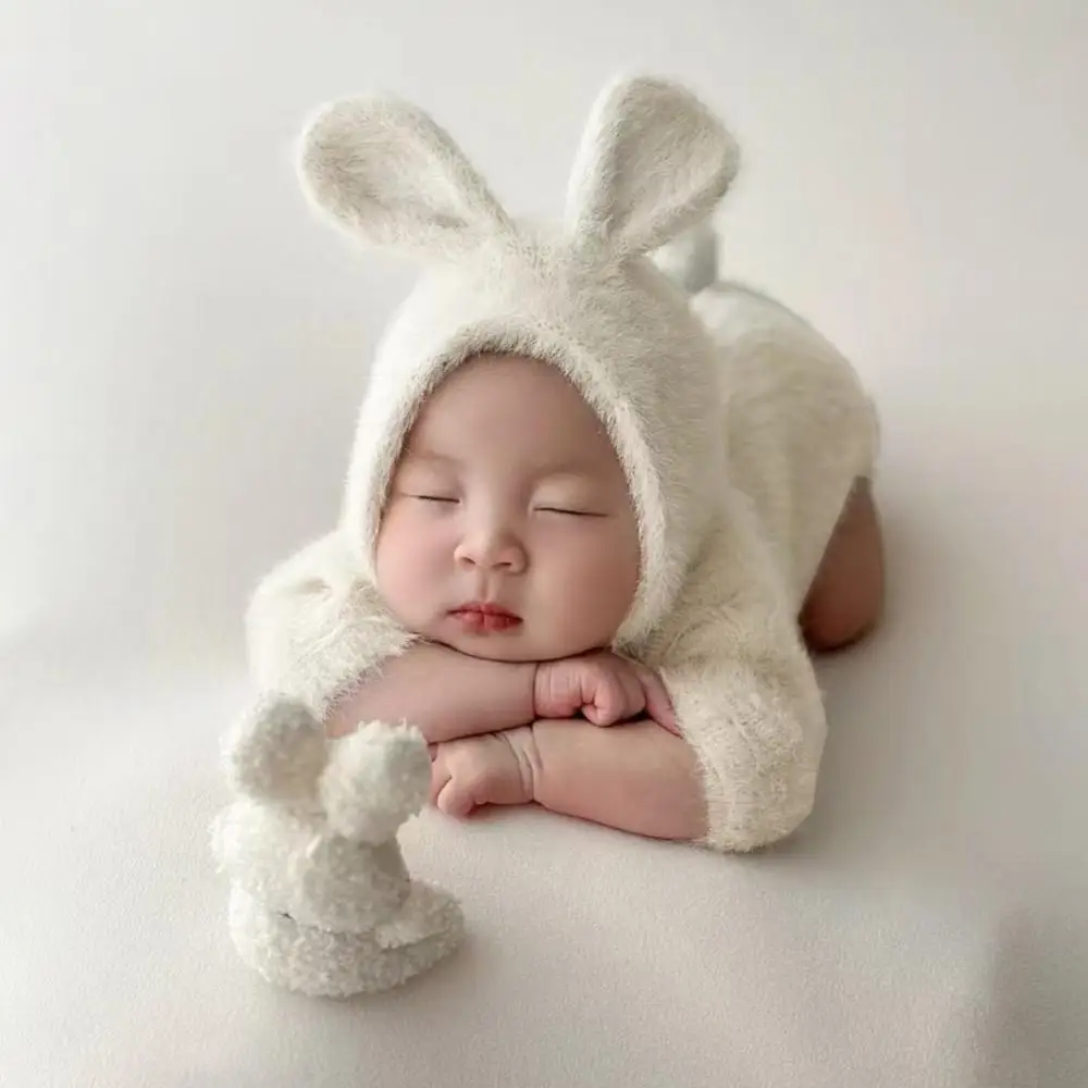 Soft Knitted Newborn Photography Props Cosplay Adorable Rabbit Doll Prop Cute Lightweight Knitted Baby Outfit for Newborn