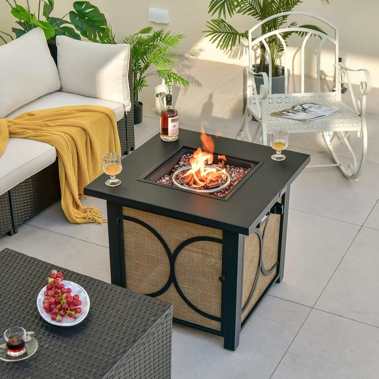 28 Inch Outdoor Square Fire Pit Table, Patiojoy 50,000 BTU Propane Gas Fire Table with Fire Glasses & PVC Protective Cover