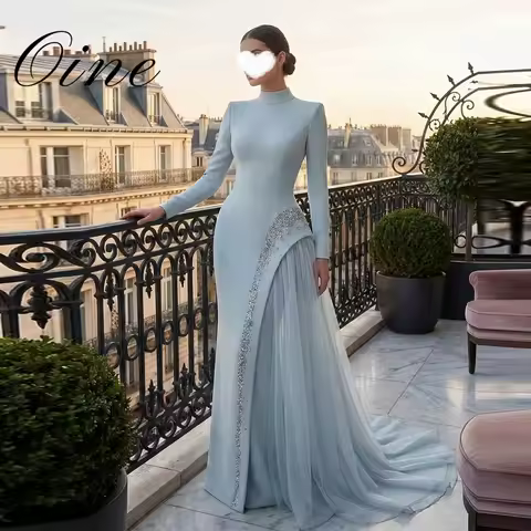Oine Light Blue Formal Evening Dress Luxury Pearls Tulle High Neck Long Evening Party Dress Arabic Dubai Prom Gown Customized
