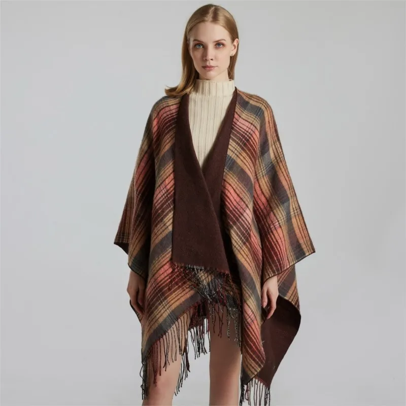 sjaal luxury womenA classic Scottish checkered shawl cape with cashmere tassels, thickened and warm split shawl
